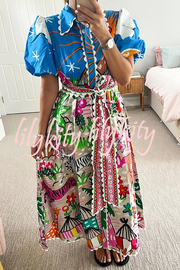 Daliah Unique Printed Wave Lace Puff Sleeves Loose Pocket Maxi Dress