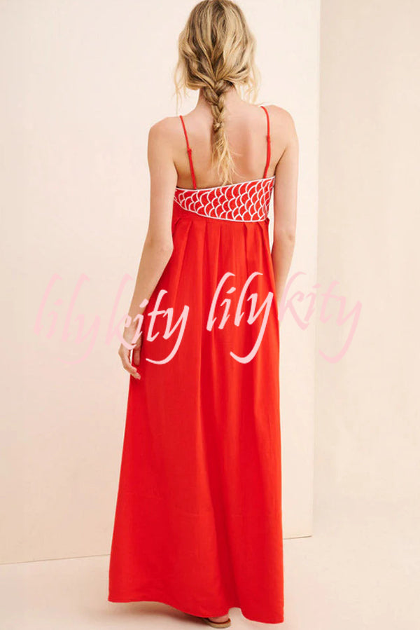 Red Fish Embroidered Sling Backless Maxi Dress