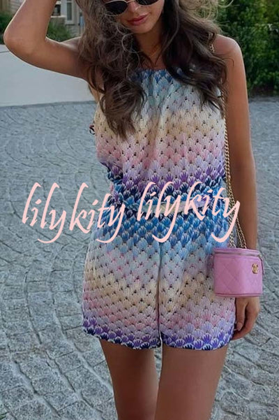 Wave Waves Knit Colorful Zigzag Pattern Halter Neck Backless Loose Romper