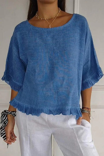 Solid Color Casual Round Neck Short Sleeve Ruffled Loose Top