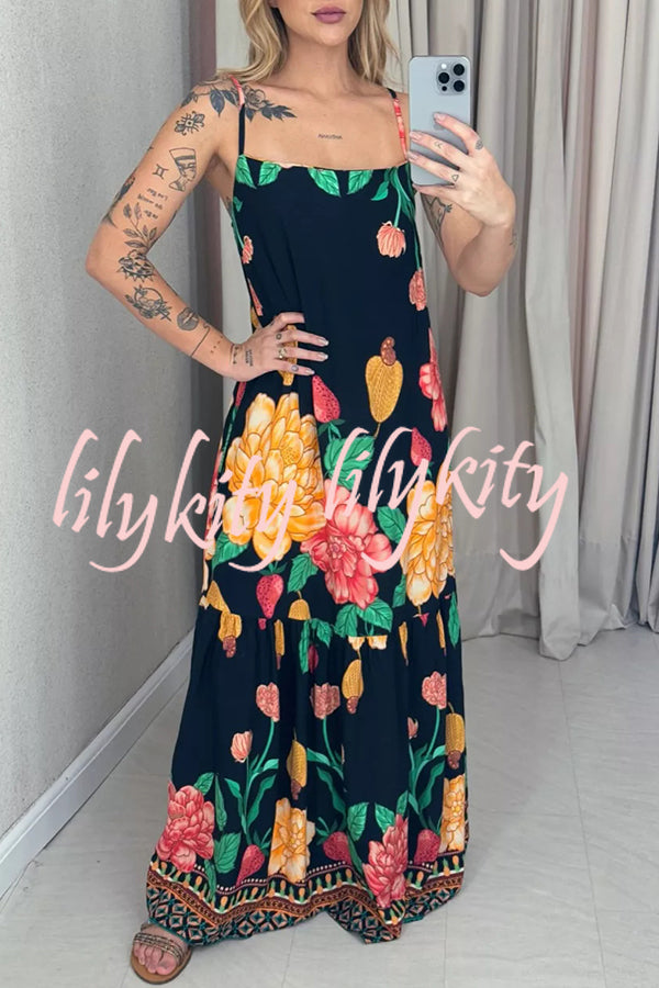 Floral Print Halter Back Loose Pocket Full Hem Maxi Dress