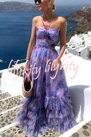 Dreamy Clouds Tulle Printed Rose Detail Cutout Ruffles Tiered Halter Maxi Dress