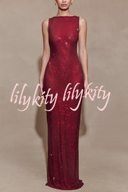 Holiday Nights Sequin Boat Neck Sleeveless Slit Maxi Dress