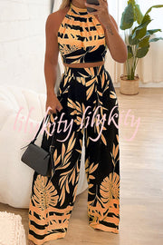 Botanical Print Halterneck Crop Top and Casual High-waist Wide-leg Pants Set