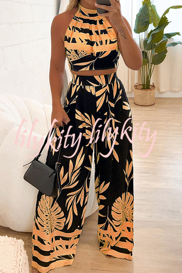 Botanical Print Halterneck Crop Top and Casual High-waist Wide-leg Pants Set