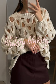 Solid Color Casual Hollow Long-sleeved Holiday Knitted Sweater