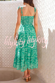 Unique Printed Suspender Tie Back Pleated Midi Dress
