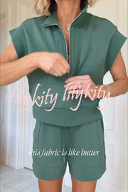 Buttery Touch Half-Zip Short Sleeve Sweatshirt and Elastic Waist Pocket Casual Shorts Set