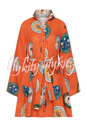 Linen Blend Unique Print Tie Waist Loose Mini Dress
