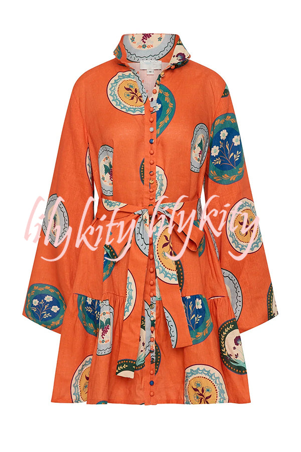 Linen Blend Unique Print Tie Waist Loose Mini Dress