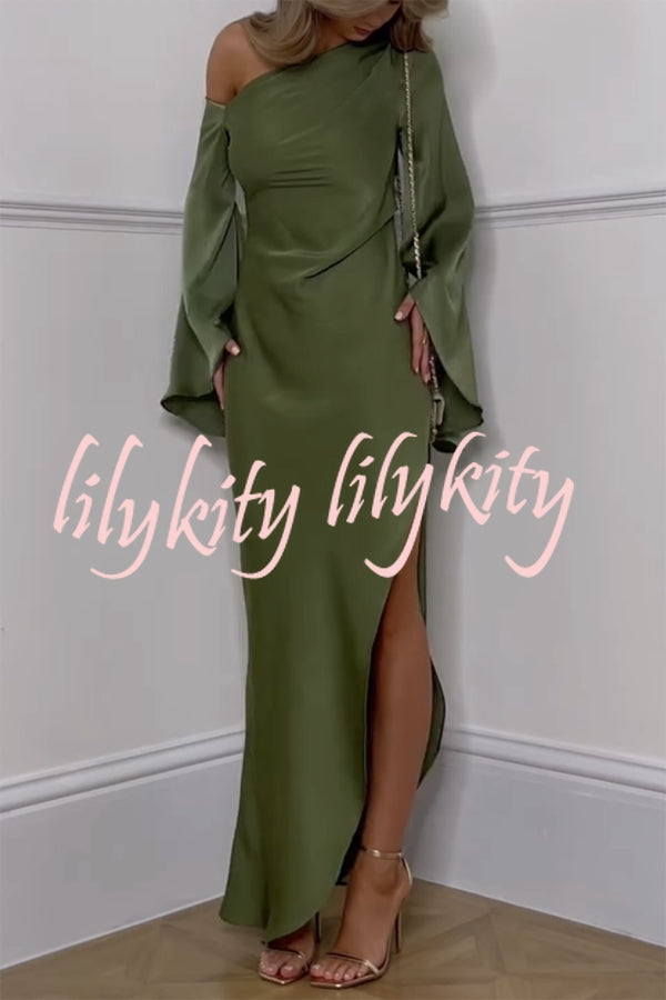 Zayla Satin Asymmetrical One Shoulder Bell Sleeve Slit Maxi Dress