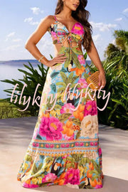 Mexico Style Tropical Print Ring Cutout Lace-up Vacation Maxi Dress