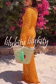 Sunny Beachside Crochet Knit Hollow Out Long Sleeve Cover-up Maxi Dress