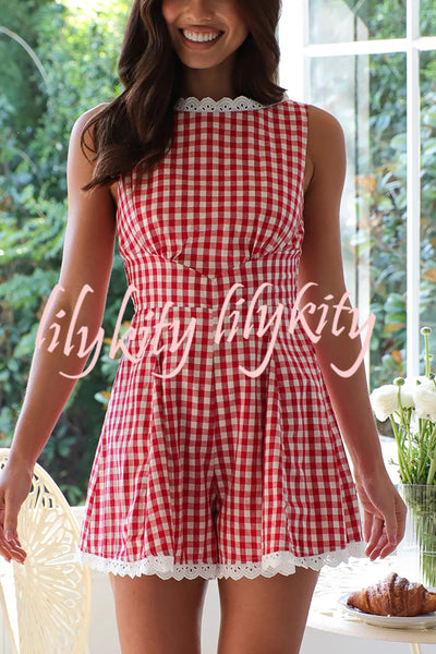 Plaid Print Sleeveless Pleated Waist Casual Rompers