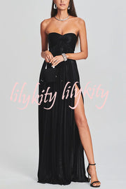 Metallic Sexy Tube Top Pleated High Slit Maxi Dress
