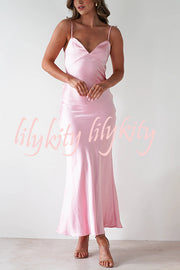 Satin Elegant Sling Backless Lace-Up Midi Dress