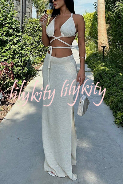 Solid Color Sexy Lace-up Swimsuit and Knitted Elastic Slit Beach Maxi Skirt Set