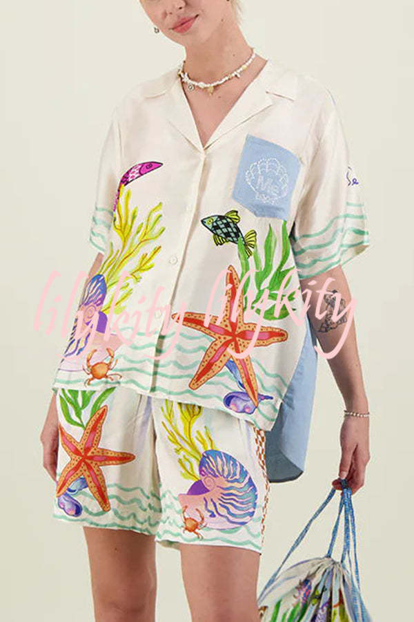 Coastal Seashell Satin Unique Print Pocket Loose Shirt and Elastic Waist Shorts Set