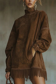 Stylish High-neck Long-sleeved Loose-fitting Pockets Tassel Mini Dress