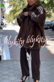Fashion Sports Stripe Print and Ribbed Embroidered Long Sleeve Zipper Hooded Plush Coat