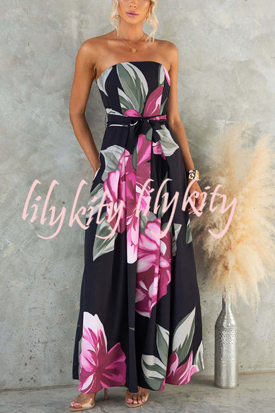 Just Heavenly Floral Print Off Shoulder Tie-up Wide Leg Jumpsuit