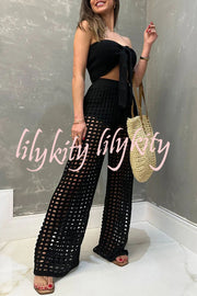 Riley Knit Front Knotted Bandeau and Stretch Hollow Out Wide Leg Pants Set