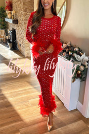 Sexy Long Sleeve Round Neck Feather Edge Rhinestone Decoration Slim Fit Maxi Dress