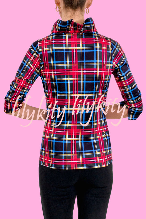 Duke of York Holiday Plaid Ruffle Stand Neck Half Sleeve Blouse