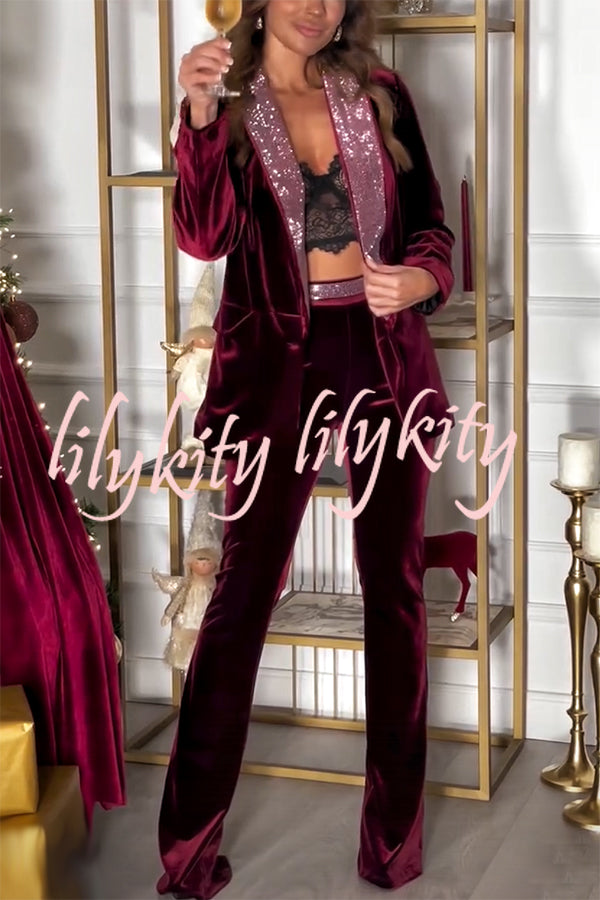 Cheer Tonight Velvet Glitter Trim High Rise Stretch Fiare Pants