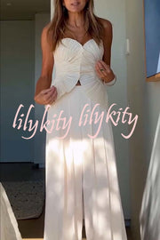 Show Exquisiteness Satin Pleated Heart-shaped Off Shoulder Halter Tank