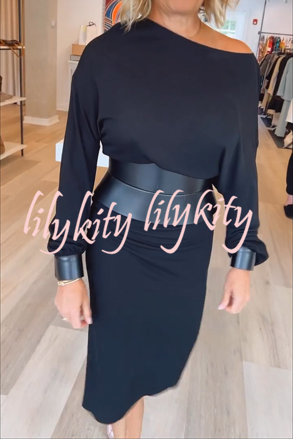 Winston Faux Leather Patchwork Wide Belt Design One Shoulder Stretch Midi Dress