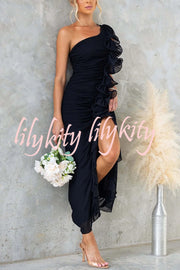 Fashion One-shoulder Pleated Sexy High Slit Slim Dress