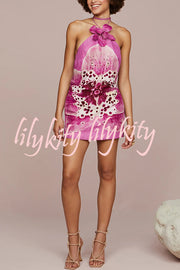 Artistic Flavor Linen Blend Printed Orchid Shape Halter Mini Dress