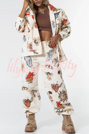 Angel Wings Denim Unique Print Button Up Long Sleeve Pocketed Relaxed Jacket