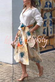 Jiles Linen Blend Unique Contrast Print Long Sleeve Tie-up Pocket Shirt Midi Dress