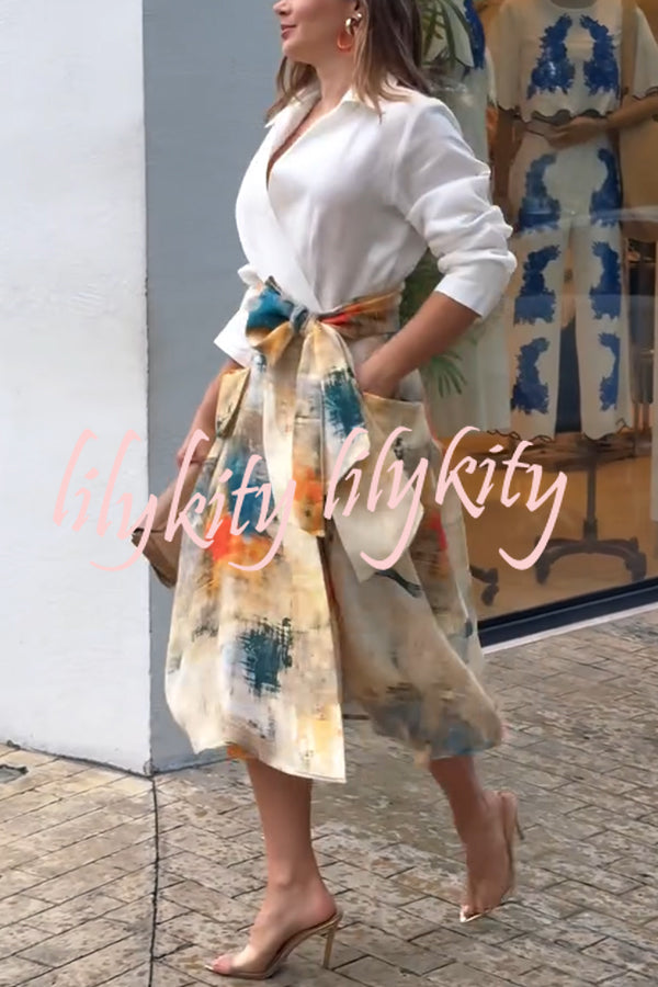 Jiles Linen Blend Unique Contrast Print Long Sleeve Tie-up Pocket Shirt Midi Dress