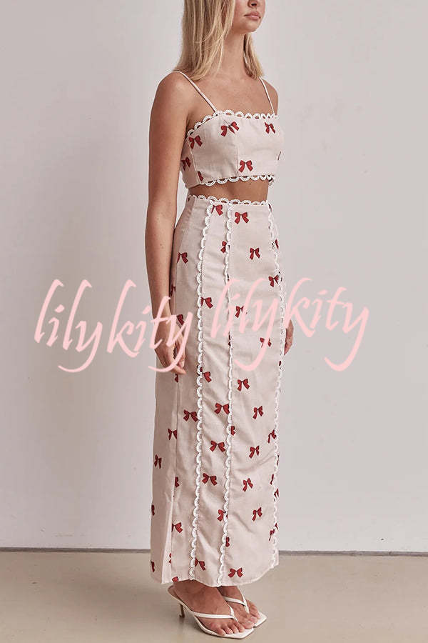 Rosa Linen Blend Bow Print Scallop Lace Trim Crop Tank and High Rise Slit Skirt Set