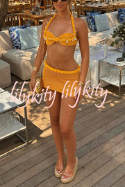 Sexy Halterneck Pearl-embellished Lace-up Tank and Fitted Knit Mini Skirt Set