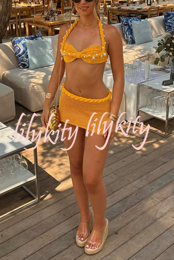 Sexy Halterneck Pearl-embellished Lace-up Tank and Fitted Knit Mini Skirt Set