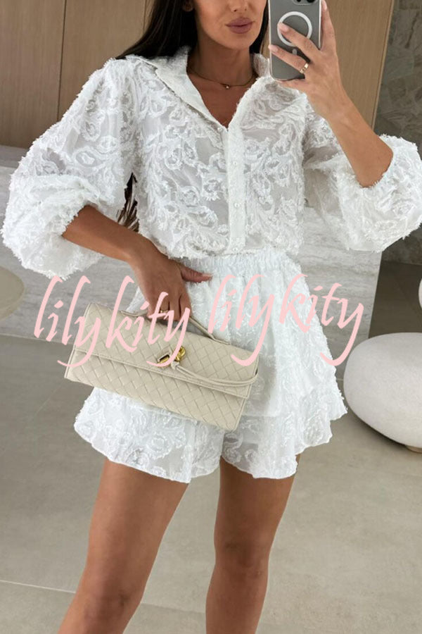 Unique Lace Texture Fabric Balloon Sleeve Blouse and Elastic Waist Layered Skirt Set