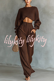 Solid Color Textured Fabric Round Neck Long-sleeved Top + High Waist Casual Pocket Wide-leg Pants Set