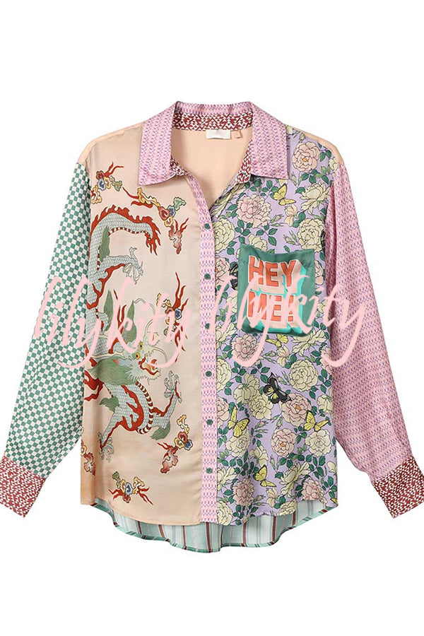 Dragon Season Unique Print Patchwork Pocketed Loose Shirt