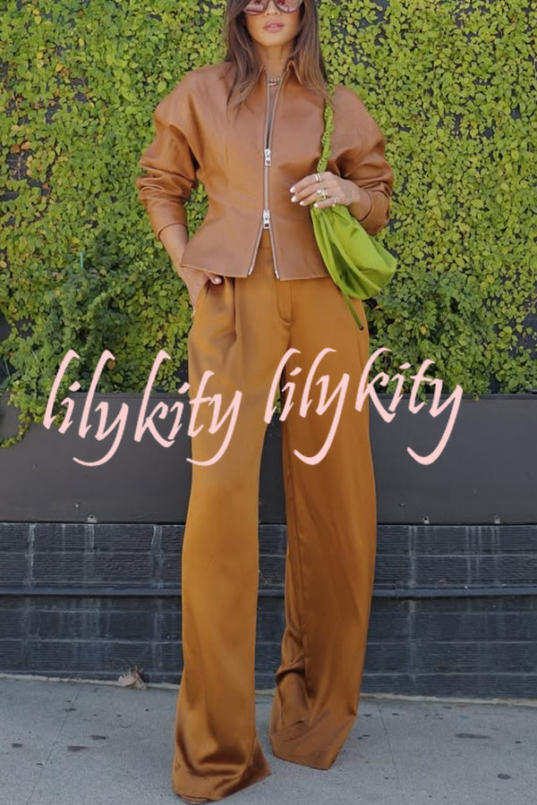 Pop of Brown Faux Leather Double Zipper Detail Balloon Sleeve Lapel Jacket