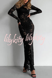 Sexy Openwork Lace Long-sleeved Slim-fit Fishtail Maxi Dress