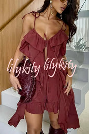 Beauty of Flow Ruffles Tie-up Slit Midi Top and Elastic Waist Shorts Set