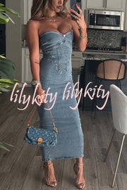 Cutie Denim Rosette Detail Corset Off Shoulder Stretch Maxi Dress