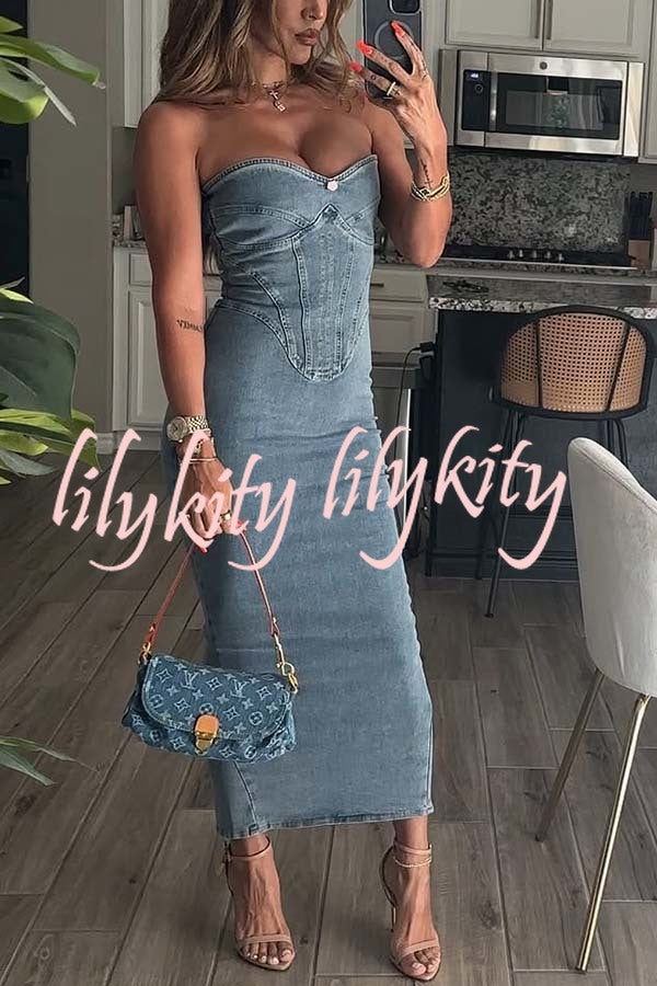 Cutie Denim Rosette Detail Corset Off Shoulder Stretch Maxi Dress