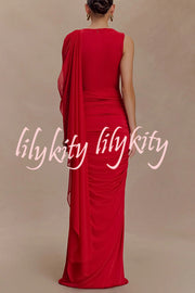 Fashionable Mesh Shawl Sleeveless Slim Fit Pleated Maxi Dress
