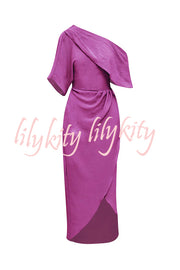 Whispered Yes Satin Irregular Lapel Neckline Design Ruched Maxi Dress