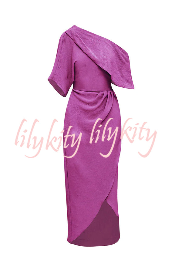 Whispered Yes Satin Irregular Lapel Neckline Design Ruched Maxi Dress